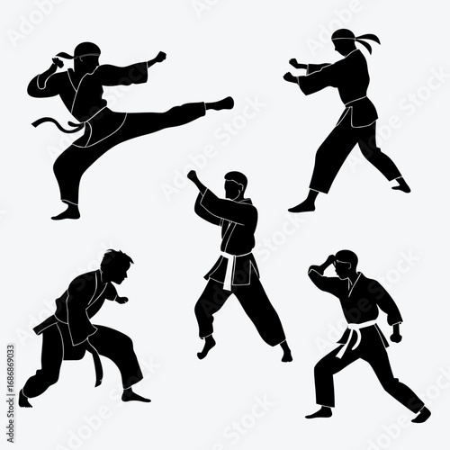 Five martial artists in action poses martial arts karate