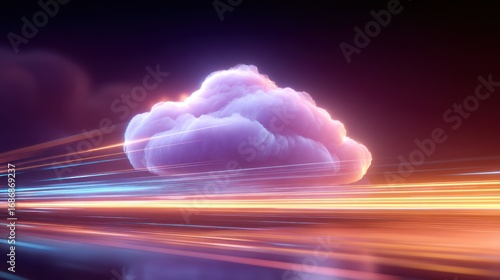 Stylized cloud illustration against blurred colorful background with motion effect.