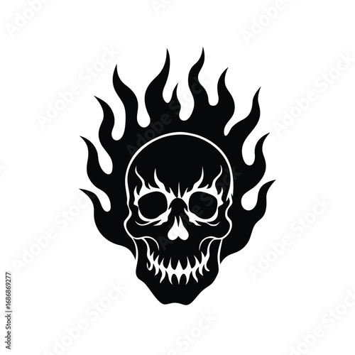 Fiery Skull Design: Black and White Tattoo Style Graphic Illustration