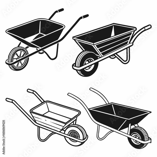 Four black and white wheelbarrow outlines cart garden