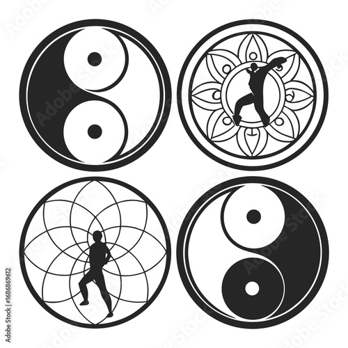 Four circular emblems with yin yang and human figures