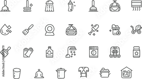 House Cleaning and Sanitation Icons | Vector Line Set of Mop, Broom, Vacuum, Soap, Washing Machine, Gloves, Bucket, Spray, and Hygiene Tools