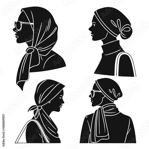 Four female silhouettes with headscarves and accessories