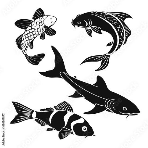 Four fish silhouettes with scales and fins goldfish