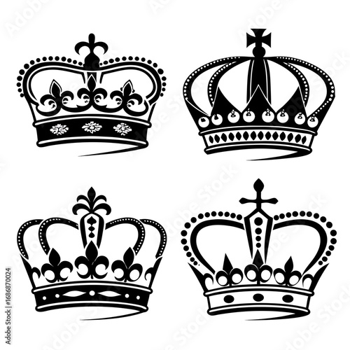 Four ornate black crowns with decorative elements royal