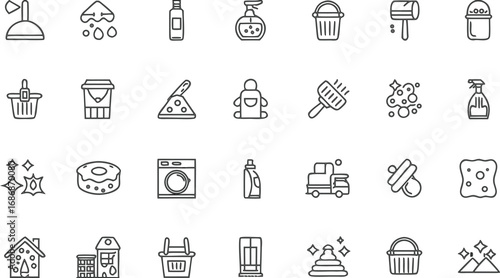 House Cleaning Line Icons Set – Mop, Bucket, Spray, Sponge, Soap, Detergent, Brush, Vacuum, Gloves, Shine, Hygiene, Sanitize, Tidy Tools