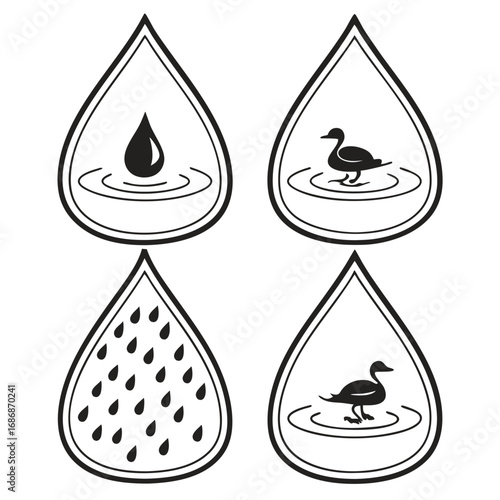 Four water drop icons with nature scenes ripple duck