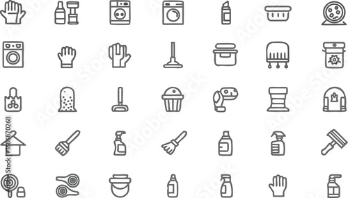 Cleaning Icons Collection – Mop, Bucket, Gloves, Washing Machine, Sponge, Brush, Spray Bottle, Soap, Trash Bin, Household Essentials