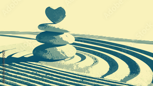 Zen garden stones stacked in a heart shape with raked sand