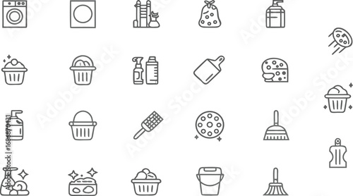 Cleaning Essentials Icons – Detergent, Soap, Sponge, Bucket, Brush, Washing Machine, Spray Bottle, Gloves, Trash, Tools for Home Hygiene