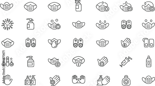 Hygiene and protection line icons set – mask, sanitizer, gloves, soap, virus, spray, health safety, outline vector symbols for care
