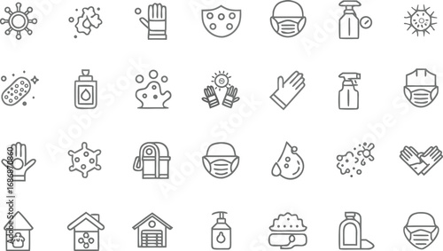 Virus protection and hygiene line icons set – mask, sanitizer, gloves, soap, disinfectant, safety, outline vector symbols for health care