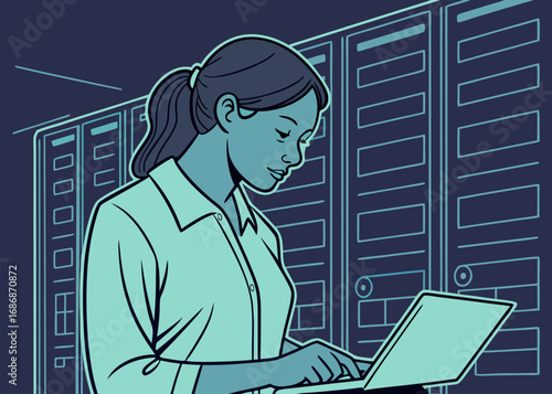 Woman working on laptop in server room