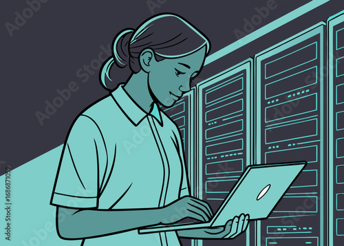 Woman working on laptop in server room
