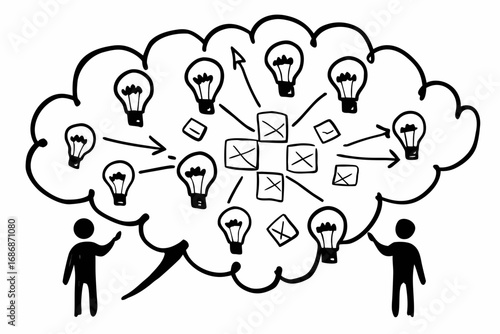 Vector hand drawn doodle sketch of brainstorming and innovation session isolated on white background