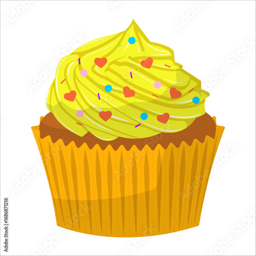 Simple illustration of a yellow cupcake with colorful frosting and sprinkles. Ideal for baking or celebration themes.
