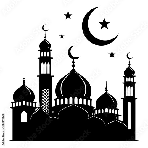 Islamic mosque silhouette with crescent and stars vector