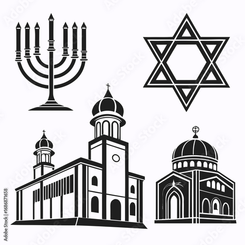 Jewish menorah star of david and churches synagogue
