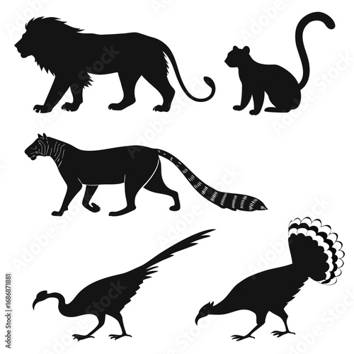 Lion tiger panther bird silhouettes vector