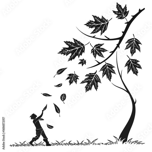 Man reaching for falling autumn leaves tree