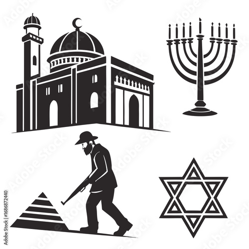 Mosque menorah star of david and man with shovel vector