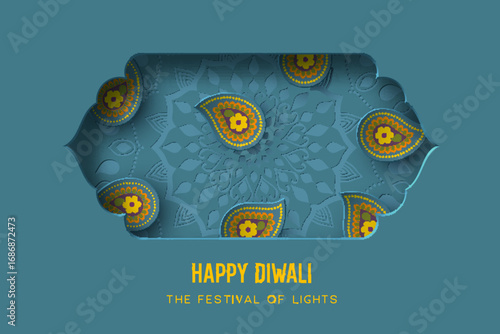 Diwali festival holiday design with paper cut style of Indian Rangoli. Blue color. Vector illustration.