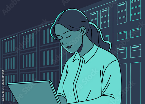 Woman working on laptop in server room