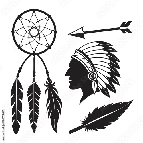 Native american cultural symbols feathers headdress arrow