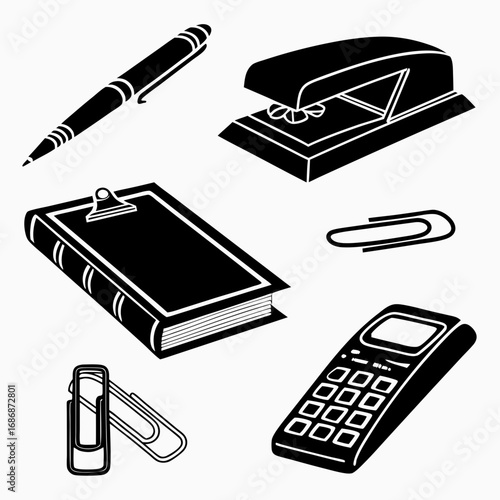 Office supplies pen stapler calculator clipboard paperclips
