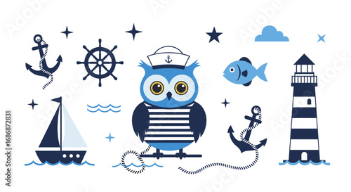 Charming nautical owl collection featuring sea life and maritime symbols