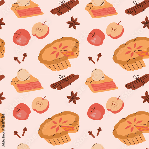 Seamless pattern with apple pie, spice and fruit