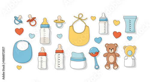 Essential baby gear collection featuring feeding bottles pacifiers bibs and toys for newborn care
