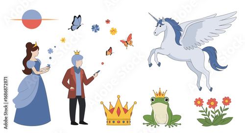 Enchanting fairytale elements featuring magical creatures royalty and nature's beauty