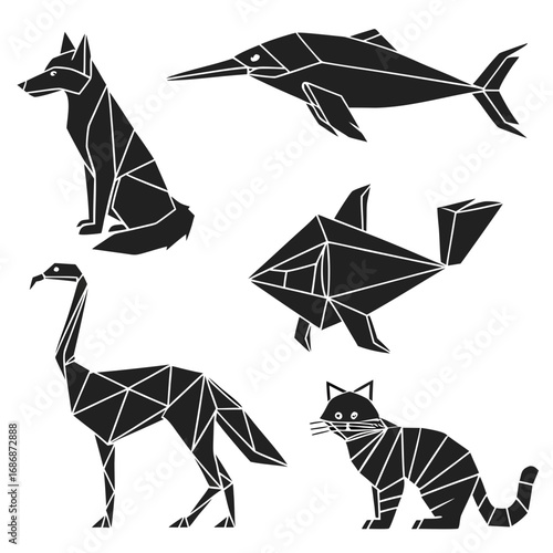 Origami animal silhouettes fox dolphin fish bird cat