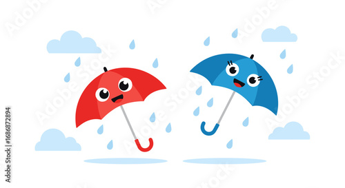 Two adorable cartoon umbrellas enjoying a rainy day together