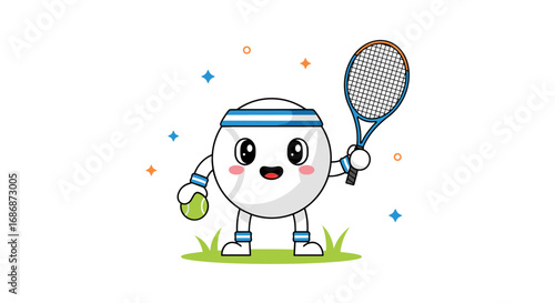 Cute tennis ball character holding a racquet and ball ready to play tennis