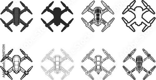 Set of quadcopters, combat drones for reconnaissance or surveillance, icons of attack drones quadcopters, set of vector icons of quadcopters.