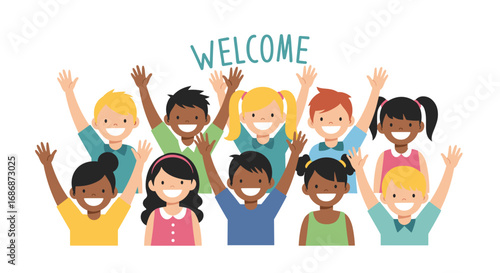 A diverse group of happy children waving hello and welcoming you all