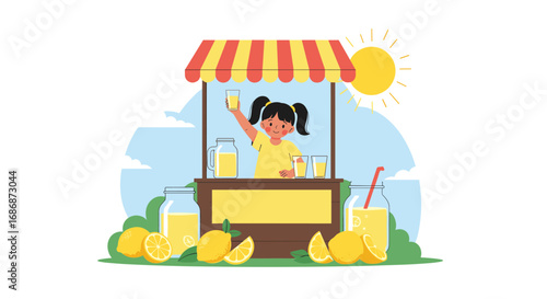 Happy young girl selling freshly squeezed lemonade on a sunny summer day enjoying her small business venture