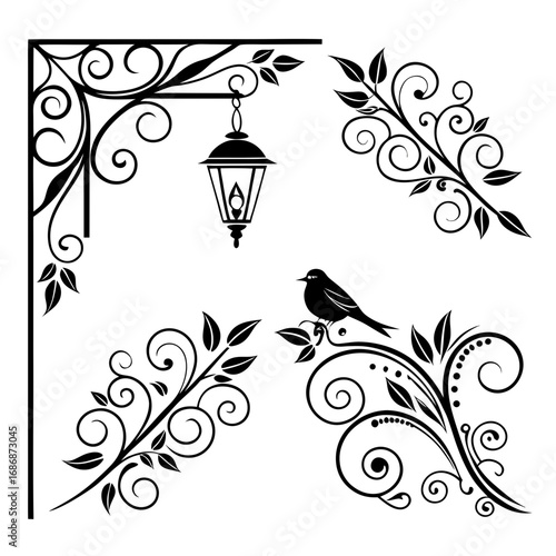 Ornate Corner Designs with Bird and Lamp ornamental