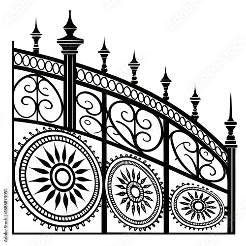 Ornate black metal gate with sunburst medallions white