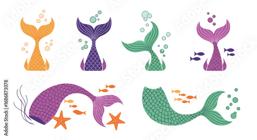 Enchanting mermaid tail collection featuring aquatic creatures and bubbles