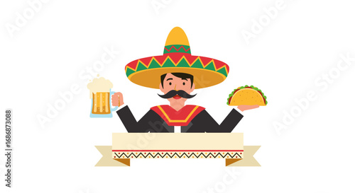 A cheerful mexican man wearing a sombrero holds a glass of beer and a taco celebrating fiesta and delicious food together