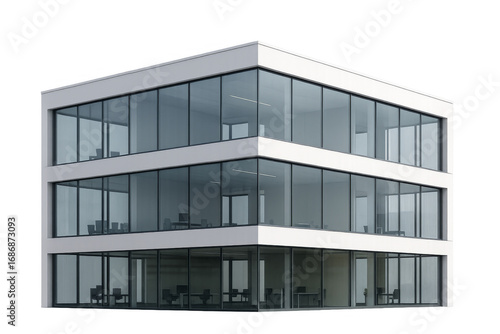 Modern office building with transparent background showing interior furnishings