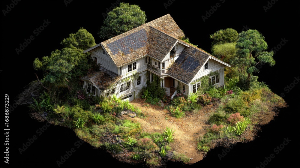Fototapeta premium overgrown house solar panels nature