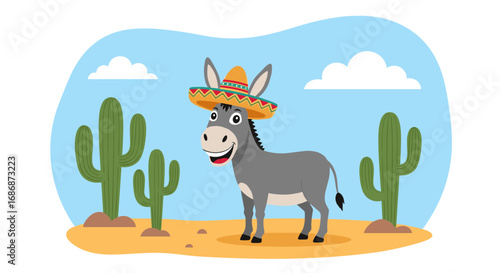 Humorous donkey wearing a sombrero standing in a desert scene with cacti under a bright blue sky
