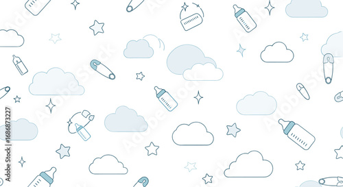 Adorable soft blue clouds stars and baby bottles repeating seamless pattern background