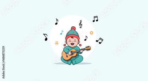 Cute cartoon child happily playing the ukulele surrounded by musical notes and decorative elements