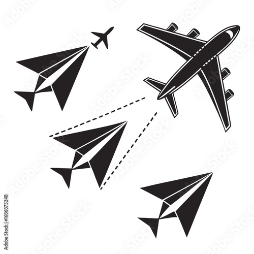 Paper airplanes and jet airplane flight travel