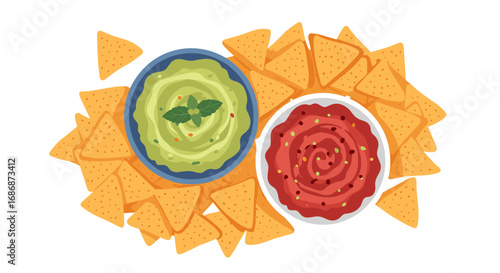 Delicious guacamole and salsa with crispy tortilla chips for a perfect snack or appetizer
